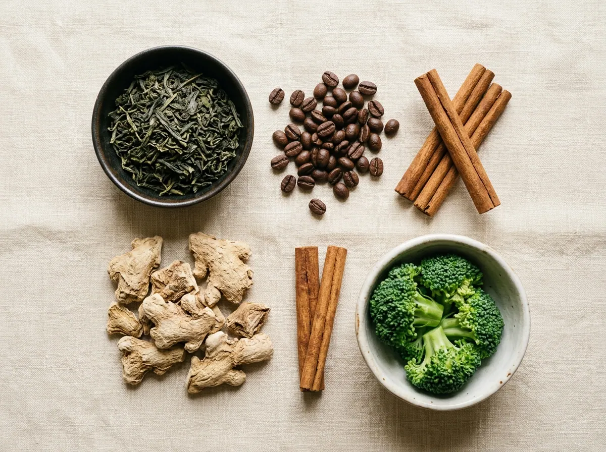 Flat-lay of botanical plant extract supplement ingredients: green tea, coffee beans, ginger, cinnamon, broccoli - vitamins for normal energy-yielding metabolism