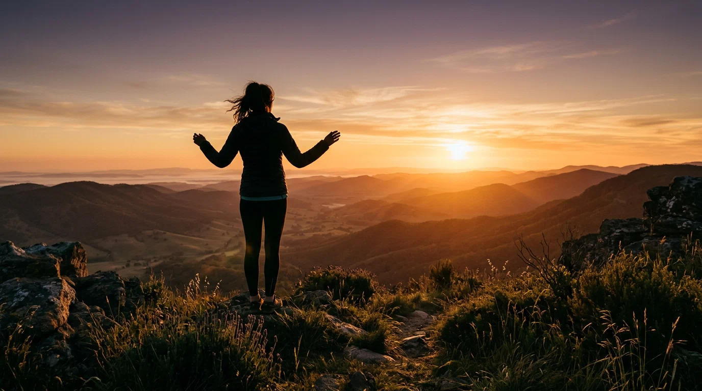 Anonymous silhouette person looking at sunrise horizon, active lifestyle supplement for everyday routine
